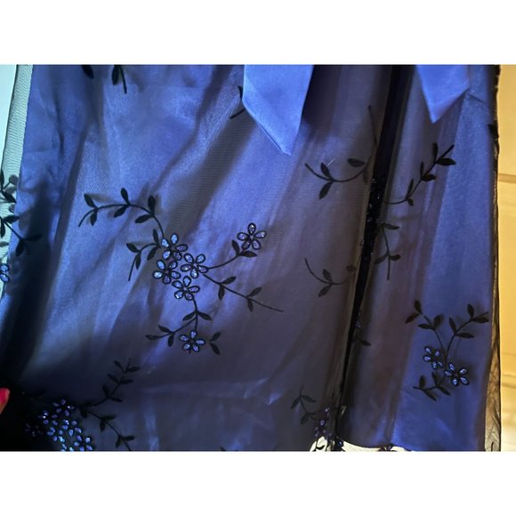 NWT Deadstock Y2K Navy Blue Halter Dress with Black Flocked Floral Designs - Picture 3 of 8